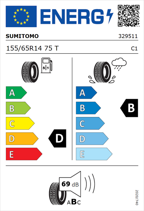 Tyre Label for Sumitomo BC100 155/65R14 75T