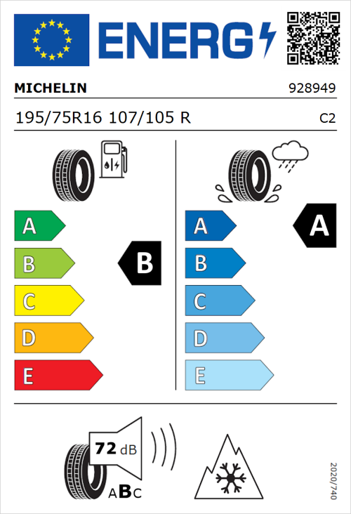 Tyre Label for Michelin Agilis 3 195/75R16 107/105R