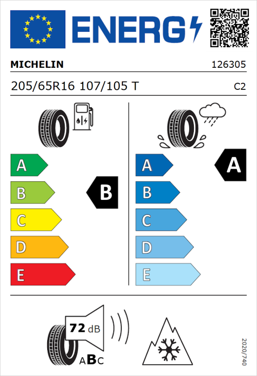 Tyre Label for Michelin Agilis 3 205/65R16 107/105T