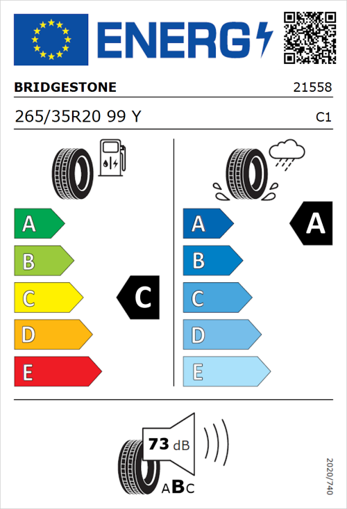 Tyre Label for Bridgestone Potenza Sport 265/35R20 99Y