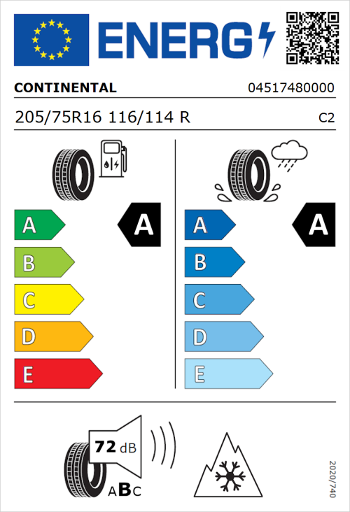 Tyre Label for Continental VanContact Eco 205/75R16 116/114R