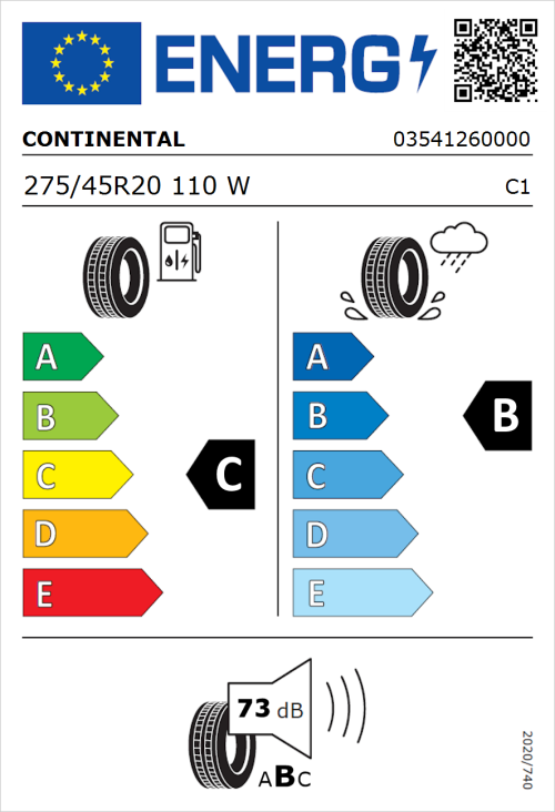 Tyre Label for Continental ContiCrossContact UHP 275/45R20 110W