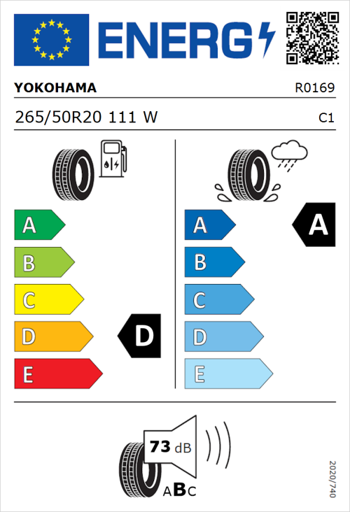 Tyre Label for Yokohama V105 265/50R20 111W